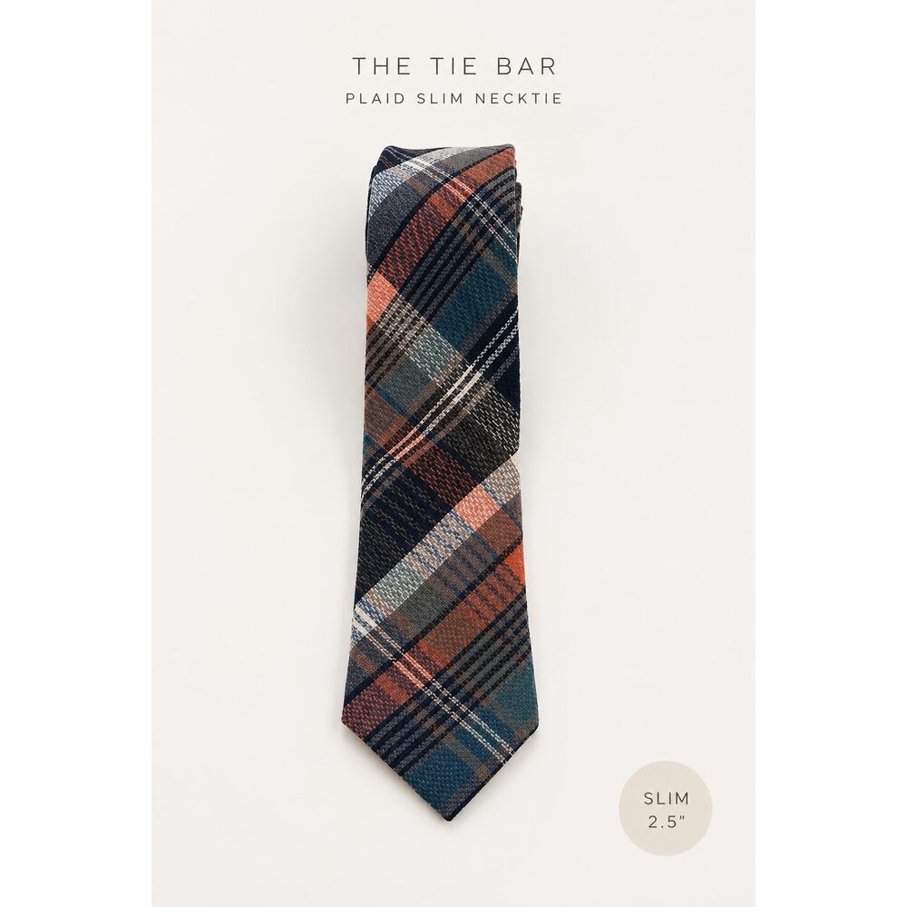 The Tie Bar Plaid Slim Cotton Necktie Blue Orange Made USA